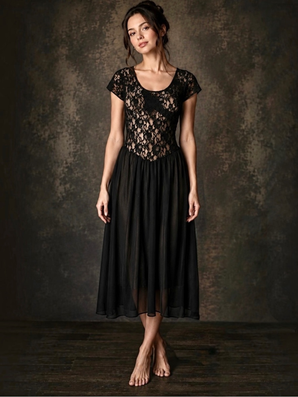 Vintage 80s Gloria Vanderbilt Sheer Black Lace Midi Nightgown Dress Whimsygoth S